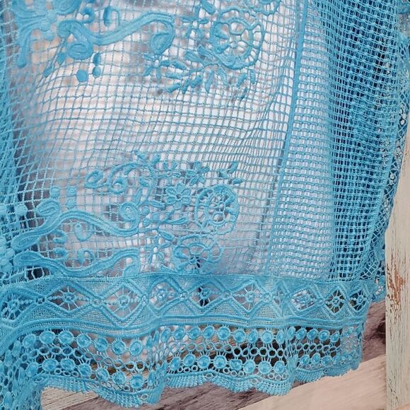 Catherines Sz 2X/3X Turquoise Slipover Open Weave Lace Caftan Blouse Fringe 524 - Picture 7 of 9